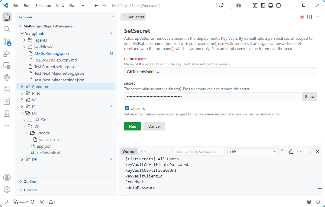 Listing and setting secrets from VS Code